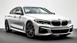 2024 BMW M440i xDrive luxury sedan photographed from three-quarter angle, showing sleek design and aggressive front grille, professional automotive studio lighting, clean asphalt background