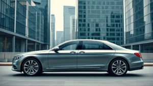 Premium luxury sedan parked in modern urban setting with glass skyscrapers, sleek metallic paint, professional studio lighting highlighting design details, no people visible