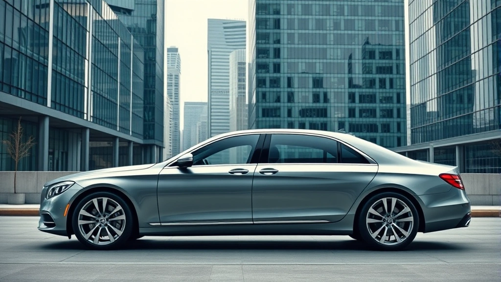 Premium luxury sedan parked in modern urban setting with glass skyscrapers, sleek metallic paint, professional studio lighting highlighting design details, no people visible