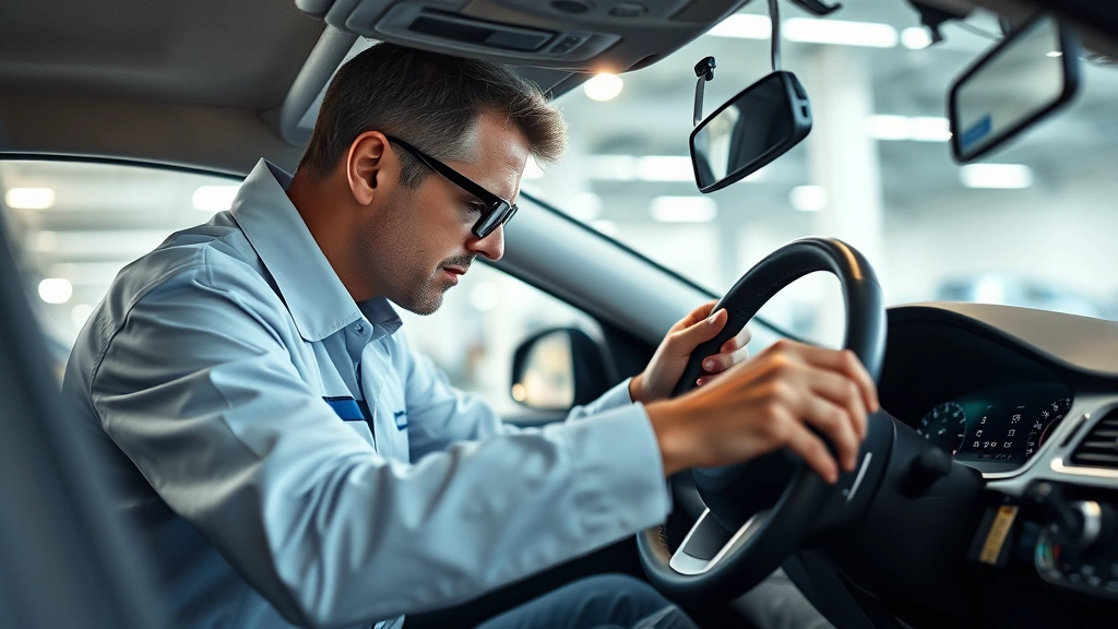 Professional automotive expert examining vehicle interior details with diagnostic tools, bright dealership showroom lighting, focus on dashboard and steering wheel quality