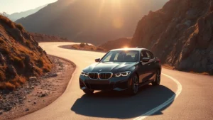 2024 BMW 3 Series sedan photographed from three-quarter front angle on winding mountain road, sunlit bodywork highlighting sculpted design, dynamic motion aesthetic