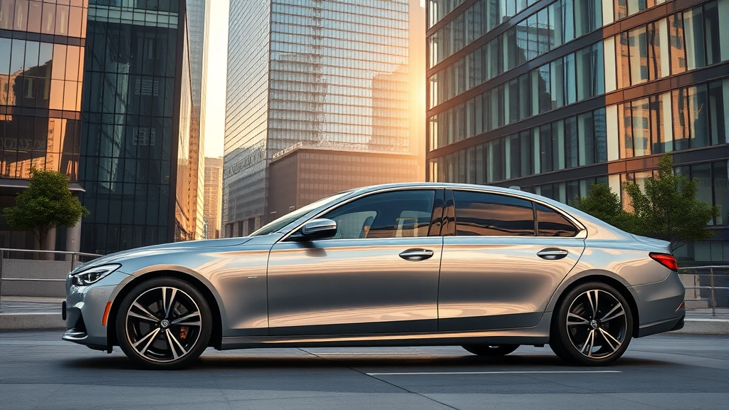 Professional automotive photography of 2024 luxury sedan parked in modern urban setting with glass skyscrapers, metallic paint reflecting sunlight, sleek design proportions visible, daytime lighting, premium aesthetic