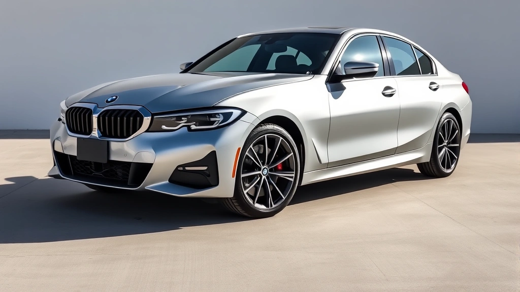 2024 BMW 3 Series M340i sedan photographed from three-quarter front angle, metallic silver paint, modern luxury design, professional automotive photography, daytime lighting, clean background, dynamic composition
