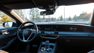 2024 luxury sedan dashboard interior with ambient lighting, steering wheel, and premium materials, photographed from driver's perspective in natural daylight