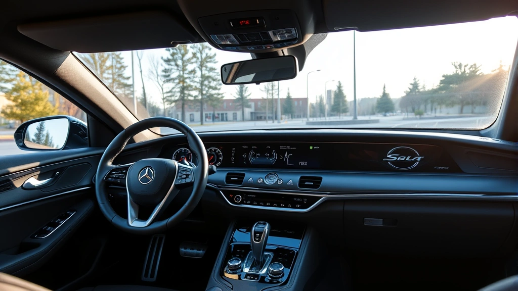 2024 luxury sedan dashboard interior with ambient lighting, steering wheel, and premium materials, photographed from driver's perspective in natural daylight