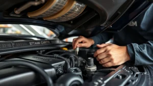 Professional mechanic performing detailed oil change service on vehicle engine bay, oil drain plug visible, professional shop setting with bright lighting