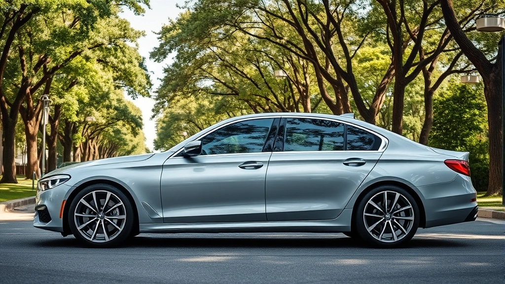 Modern luxury sedan in silver metallic parked on tree-lined street, professional automotive photography, daytime lighting