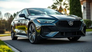 Modern 2024 sedan parked on clean asphalt driveway, sleek design with aggressive front grille, LED headlights, professional automotive photography, daytime lighting, luxury sedan aesthetic
