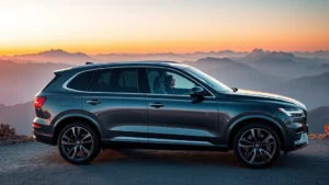 Sleek luxury SUV parked on mountain overlook at sunset, polished finish gleaming, modern angular design, premium wheels, Alpine landscape backdrop, professional automotive photography