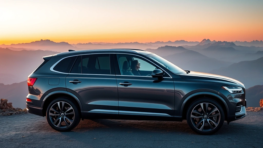 Sleek luxury SUV parked on mountain overlook at sunset, polished finish gleaming, modern angular design, premium wheels, Alpine landscape backdrop, professional automotive photography