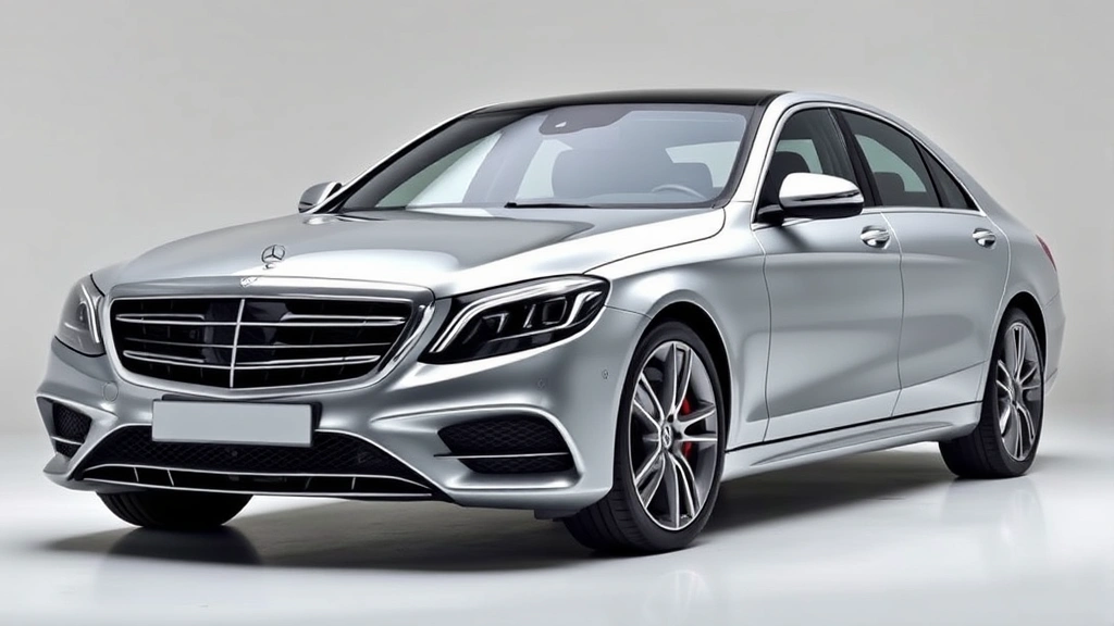 Sleek Mercedes-Benz S-Class sedan photographed from three-quarter front angle, silver metallic paint, modern luxury design, professional studio lighting, clean background