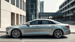 Premium luxury sedan profile view in silver metallic paint, sleek aerodynamic design, photographed against modern urban architecture with natural daylight