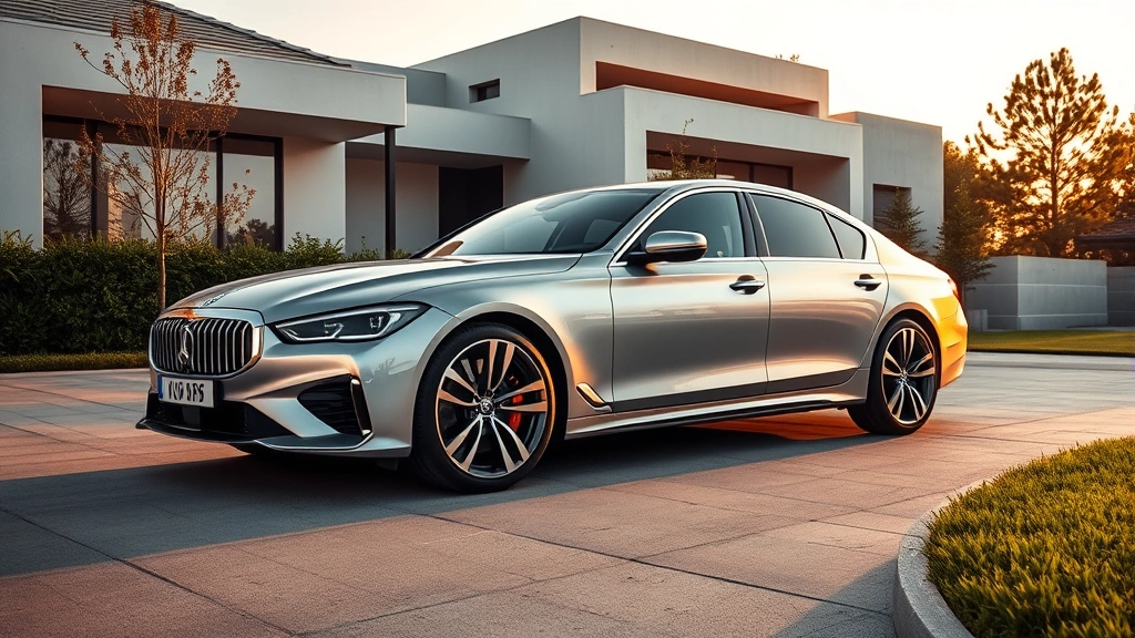 Luxury silver sedan parked on modern driveway with contemporary architecture in background, professional automotive photography, golden hour lighting, sharp focus on vehicle design details and elegant proportions