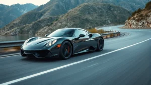 Sleek sports car accelerating on mountain road with precise handling dynamics, dynamic motion blur, professional automotive photography