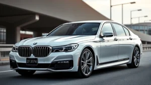Luxury BMW 7 Series sedan photographed from three-quarter front angle, pearl white metallic finish, modern highway background, professional automotive photography style, daytime lighting