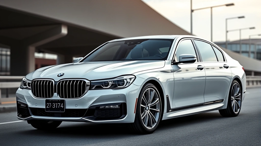 Luxury BMW 7 Series sedan photographed from three-quarter front angle, pearl white metallic finish, modern highway background, professional automotive photography style, daytime lighting