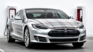 Tesla Model S Plaid sleek electric sedan in silver, three-quarter front angle, modern charging station visible in background, minimalist design