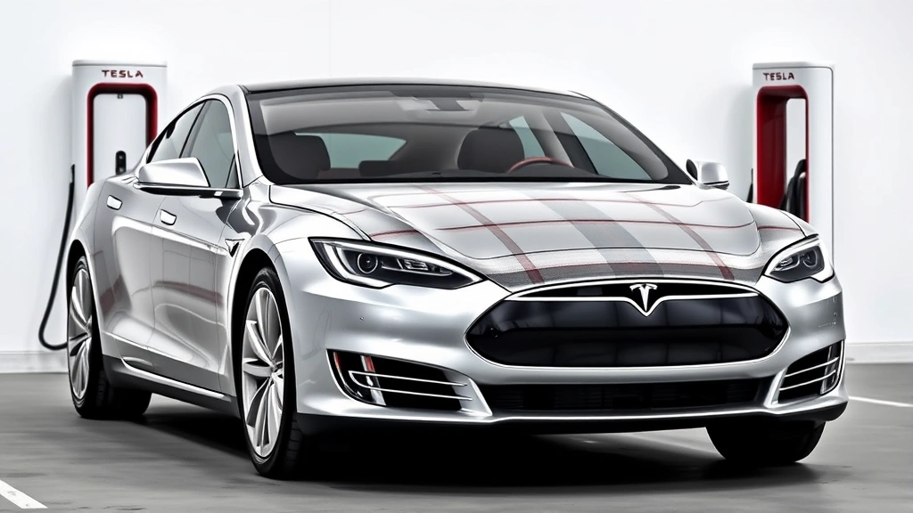 Tesla Model S Plaid sleek electric sedan in silver, three-quarter front angle, modern charging station visible in background, minimalist design