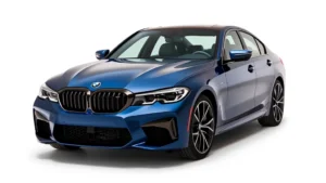 2024 BMW M440i xDrive in midnight blue metallic, photographed from three-quarter front angle, modern sedan design, turbocharged performance car, luxury automotive styling, professional automotive photography