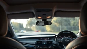 Premium luxury sedan interior dashboard with ambient lighting, leather steering wheel, and digital instrument cluster, photographed from driver's perspective in natural light