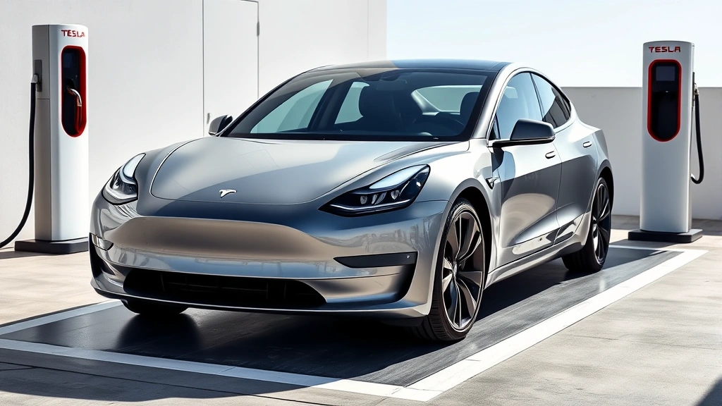 2024 Tesla Model 3 Long Range sedan in midnight silver, three-quarter front view on clean modern charging station, bright daylight, high-quality automotive photography