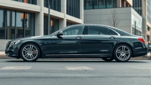 Sleek luxury sedan with chrome accents and elegant proportions parked in upscale urban setting with modern architecture, professional photography, daytime lighting, premium aesthetic