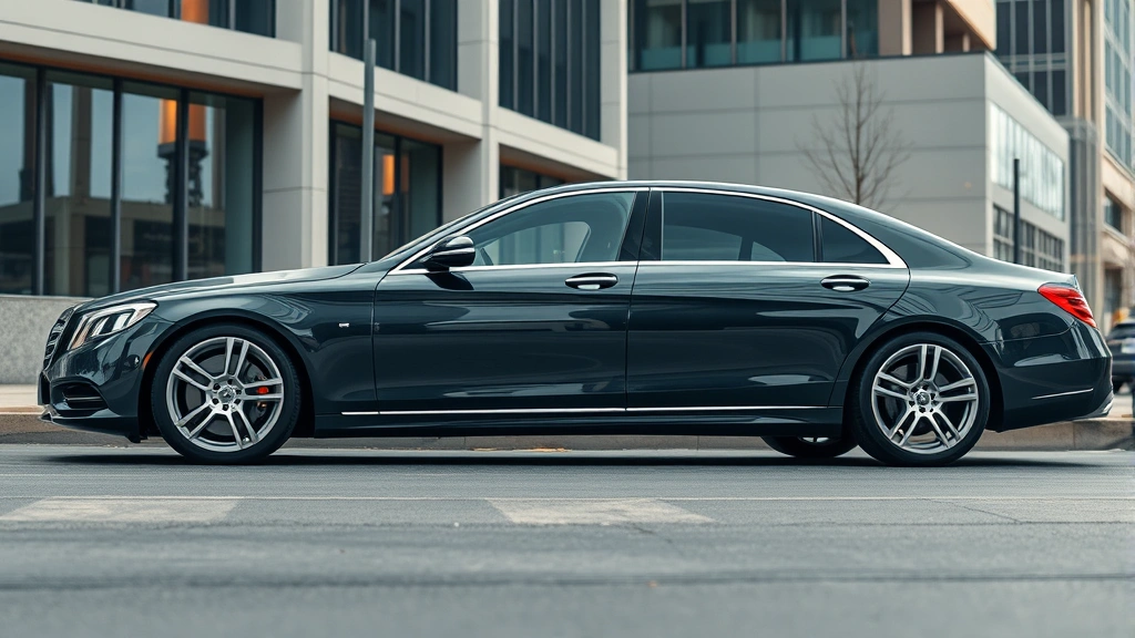 Sleek luxury sedan with chrome accents and elegant proportions parked in upscale urban setting with modern architecture, professional photography, daytime lighting, premium aesthetic