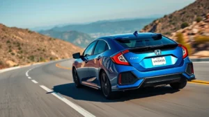 Modern Honda Civic Hatchback in metallic blue driving on curved mountain road with clear sky, professional automotive photography