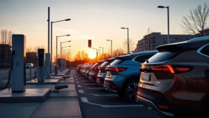 Modern electric vehicle charging at fast-charging station with multiple cars lined up, sunset lighting, clean urban environment, photorealistic