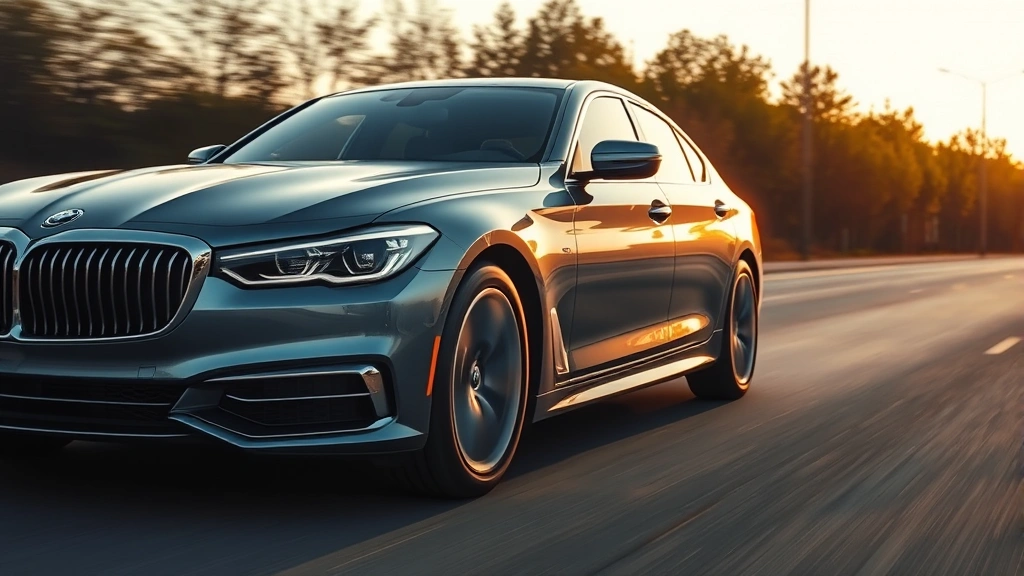 Sleek luxury sedan photographed from three-quarter front angle on smooth asphalt, afternoon golden hour lighting, premium chrome details visible, dynamic motion blur background, professional automotive photography