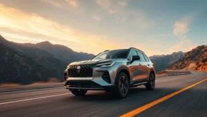 2024 luxury SUV in metallic silver driving through mountain pass, low angle photography, sunset lighting, professional automotive photography