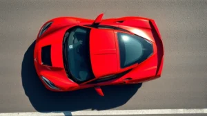 Bright sunlit overhead view of a sleek red Chevrolet Corvette Z06 sports car on a black asphalt road with clean shadows, photorealistic detail, professional automotive photography