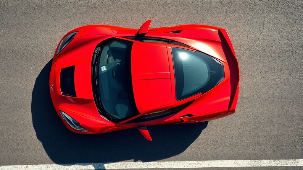 Bright sunlit overhead view of a sleek red Chevrolet Corvette Z06 sports car on a black asphalt road with clean shadows, photorealistic detail, professional automotive photography