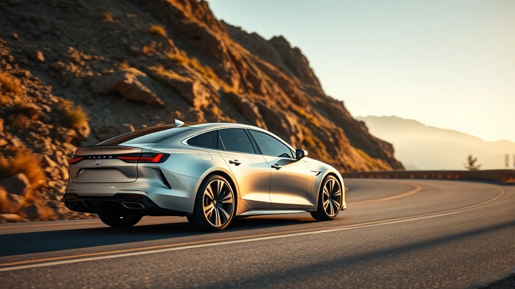 Sleek 2024 luxury sedan in metallic silver, photographed from three-quarter angle on winding mountain road, dynamic lighting emphasizing aerodynamic curves and premium wheel design