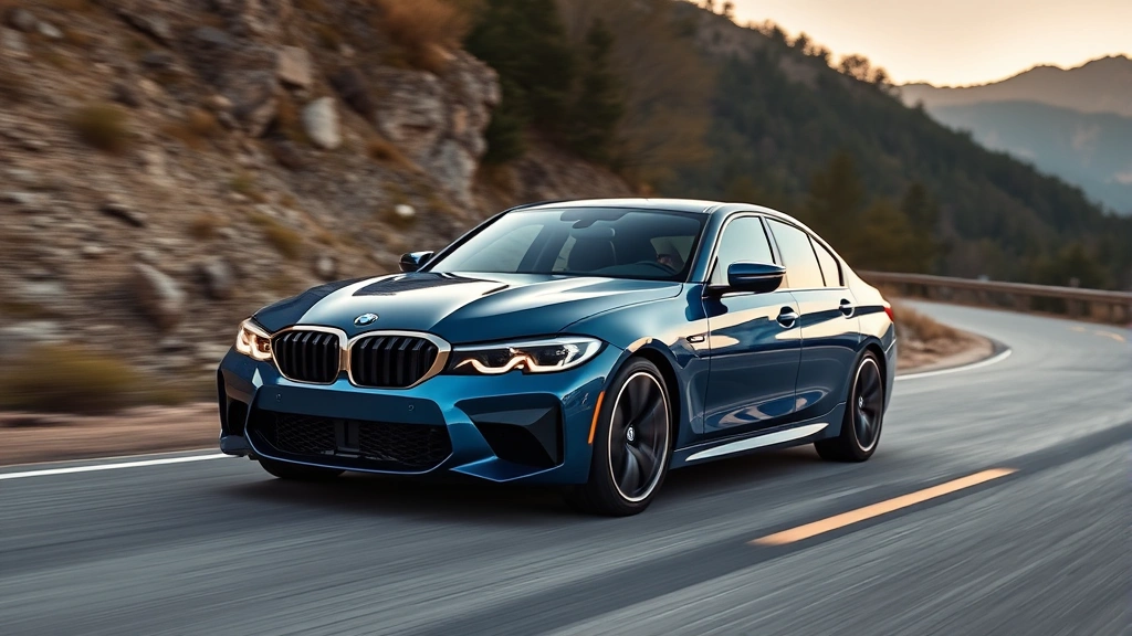 2024 BMW M440i xDrive sedan in metallic blue, photographed from three-quarter front angle on a winding mountain road, showcasing aggressive M Sport styling, LED headlights, and premium wheels in dynamic lighting conditions