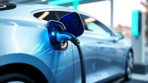 A sleek modern electric vehicle charging at a fast-charging station with blue and green lighting, photorealistic daylight setting showing the charger cable connected to the vehicle's port