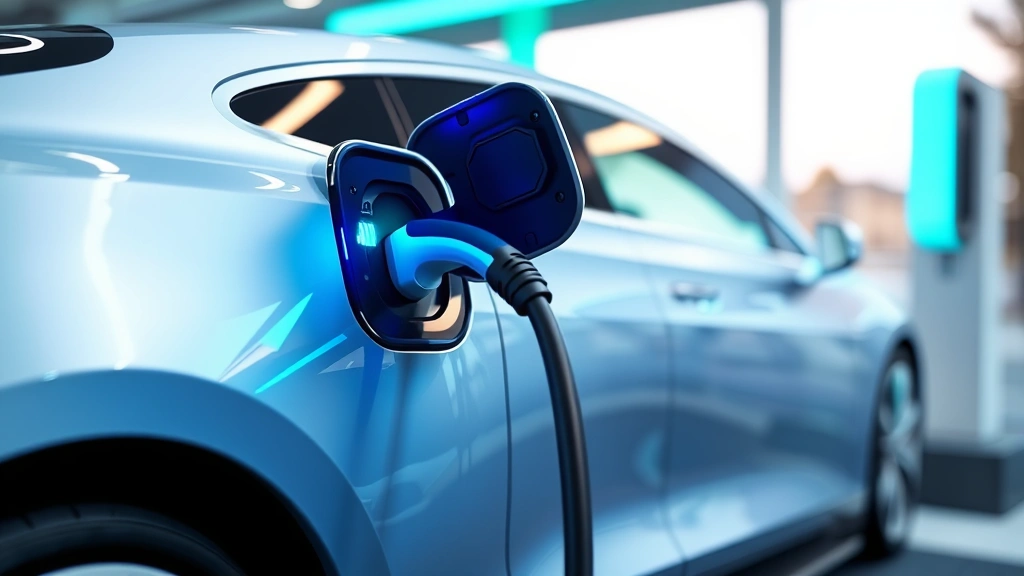 A sleek modern electric vehicle charging at a fast-charging station with blue and green lighting, photorealistic daylight setting showing the charger cable connected to the vehicle's port