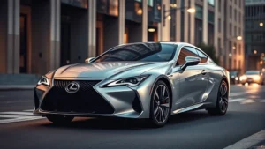 Premium luxury sports sedan in metallic silver, photographed from three-quarter angle on modern urban street, dramatic lighting highlighting sculpted body lines and aggressive front grille design, professional automotive photography style