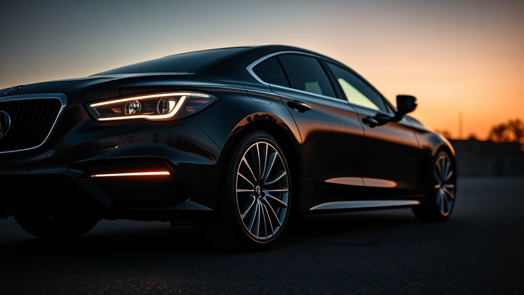 Luxury sedan side profile showcasing elegant proportions, premium paint finish, LED headlights glowing at dusk, polished alloy wheels reflecting light, serene automotive photography