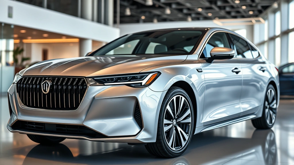 Sleek 2024 luxury sedan photographed from three-quarter angle, polished silver paint, modern LED headlights, upscale dealership showroom background, professional automotive photography