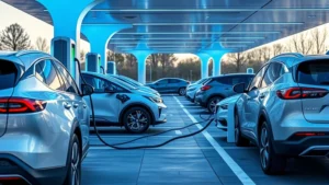 Modern electric vehicles charging at futuristic charging station with blue lighting, multiple EVs from different manufacturers, daytime, clean infrastructure