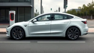 Sleek 2024 Tesla Model 3 Long Range in pearl white multi-coat, side profile view on modern urban road, contemporary charging station visible in background, professional automotive photography