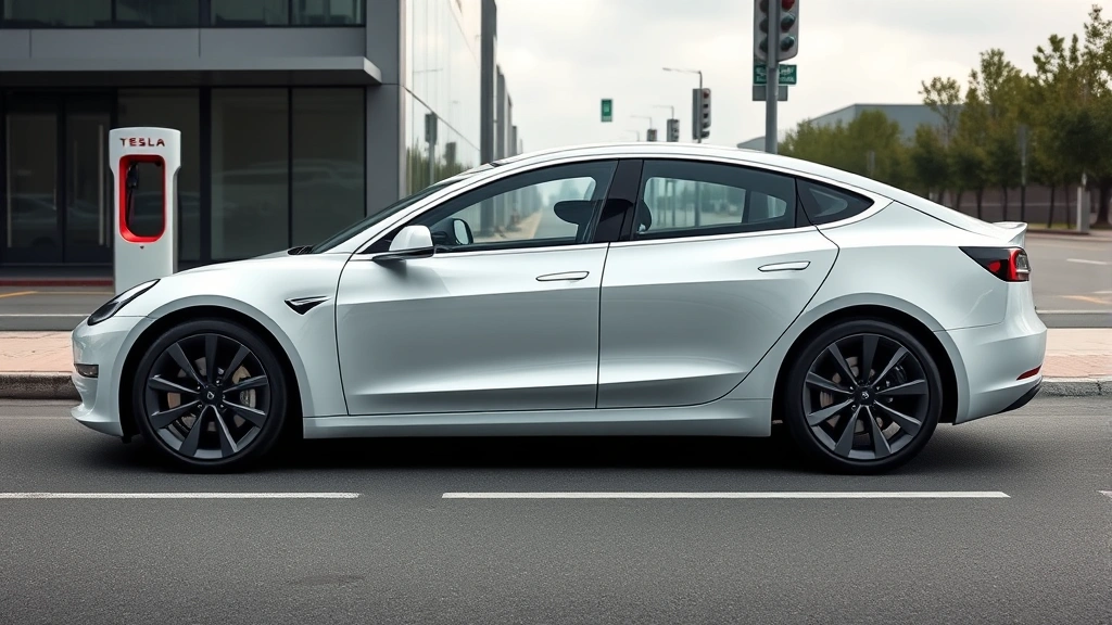 Sleek 2024 Tesla Model 3 Long Range in pearl white multi-coat, side profile view on modern urban road, contemporary charging station visible in background, professional automotive photography