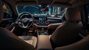 Luxury sedan interior dashboard with leather seats and modern infotainment display, sleek steering wheel, premium ambient lighting throughout cabin, minimalist design