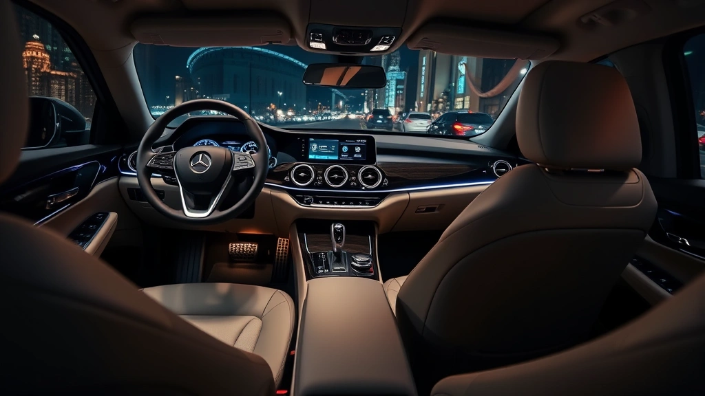 Luxury sedan interior dashboard with leather seats and modern infotainment display, sleek steering wheel, premium ambient lighting throughout cabin, minimalist design