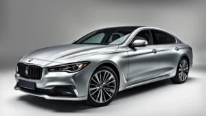Luxury sedan photographed in professional studio setting, metallic silver finish, three-quarter front angle, dramatic lighting emphasizing sculpted body lines and premium wheel design, no visible badging or license plates
