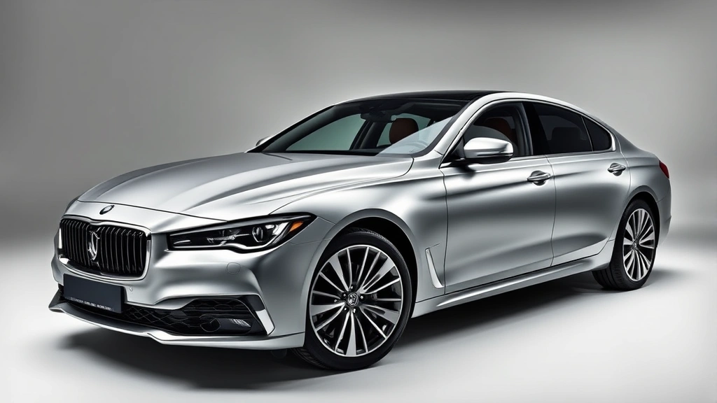 Luxury sedan photographed in professional studio setting, metallic silver finish, three-quarter front angle, dramatic lighting emphasizing sculpted body lines and premium wheel design, no visible badging or license plates