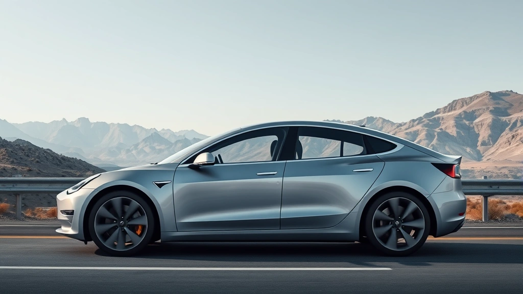 2024 Tesla Model 3 in silver, side profile on empty highway with mountains background, modern minimalist design, clean cinematic lighting, no people visible