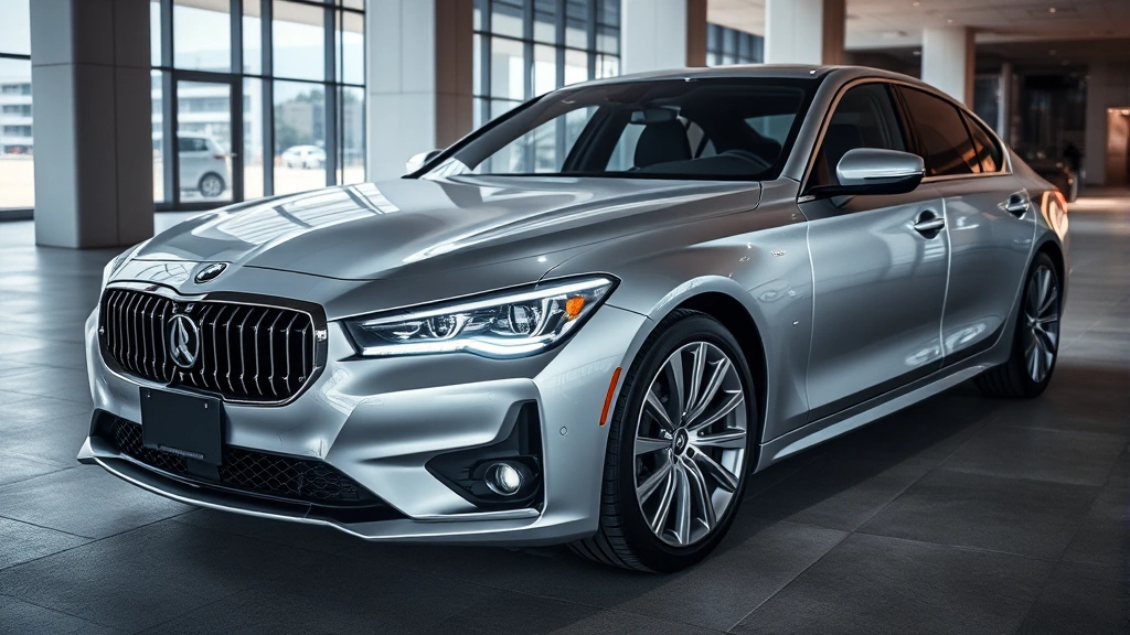 Sleek silver luxury sedan with LED headlights parked in modern architectural setting, professional automotive photography style
