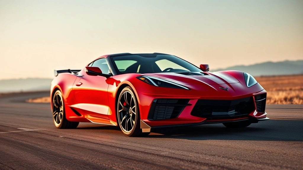 2024 Chevrolet Corvette Z06 mid-engine sports car in striking red, photographed from three-quarter front angle on open road, dynamic lighting, sharp focus on aerodynamic body lines and wheel design